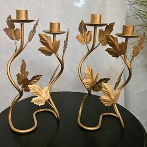 Vintage Teleflora Gold Leaf Painted Candelabra Double Candle Holder